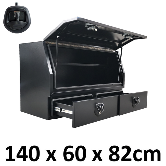 1400 x 600 x 820mm Flat Black Alloy 2 Slide Drawer Ute Truck Toolbox Tool Box 1468A-B