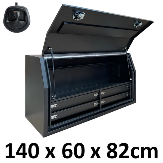 1400 x 600 x 820mm Flat Black Alloy 4 Slide Drawer Ute Truck Toolbox Tool Box 1468FD-4-B